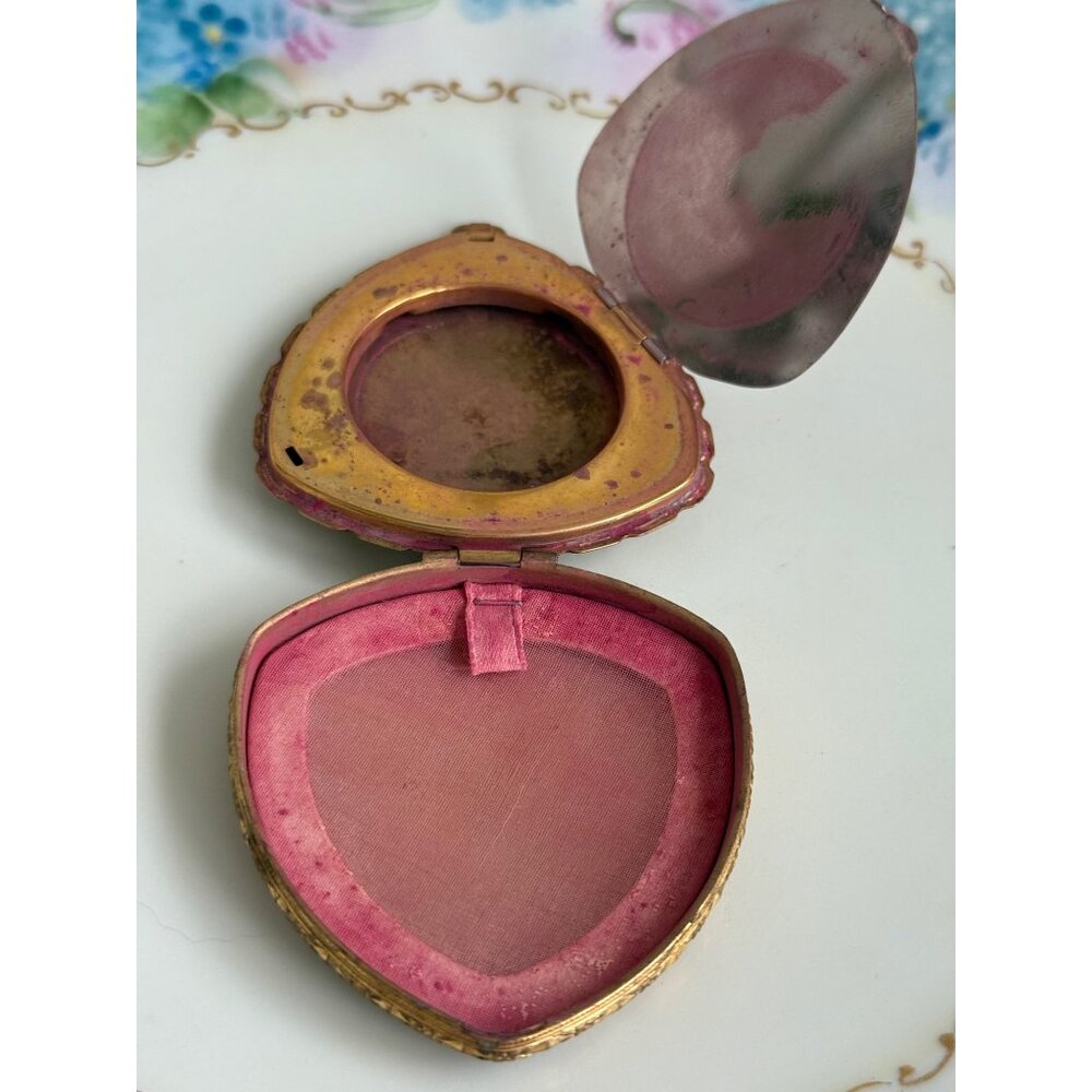 Vintage 1930s Brass Hand Painted Floral Rough Blush Compact/Mirror - Picture 6 of 11